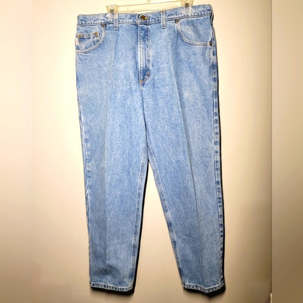 Carhartt Men's 40x30 Relaxed Fit Cotton Blend Logo Dark Wash Denim Blue Jeans